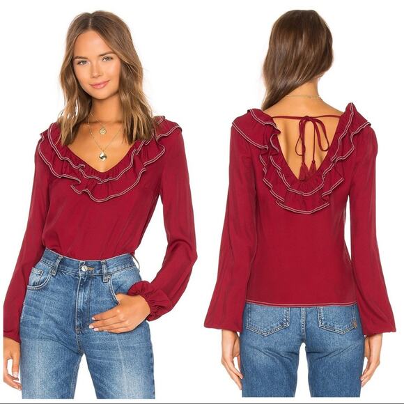 Tularosa Heather Blouse Ruffle Collar Tassel Tie Back Red Size L - Picture 1 of 10